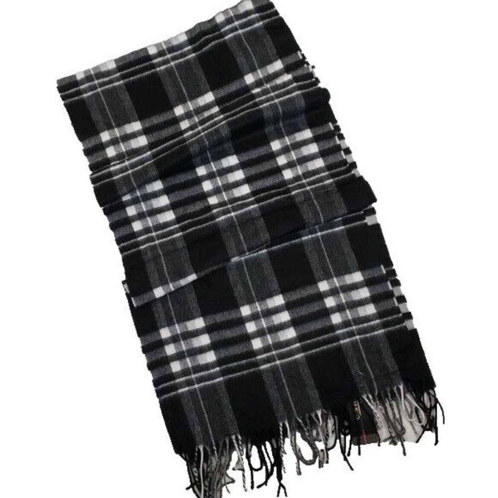 Cashmink New Black and White Plaid Fringed Scarf